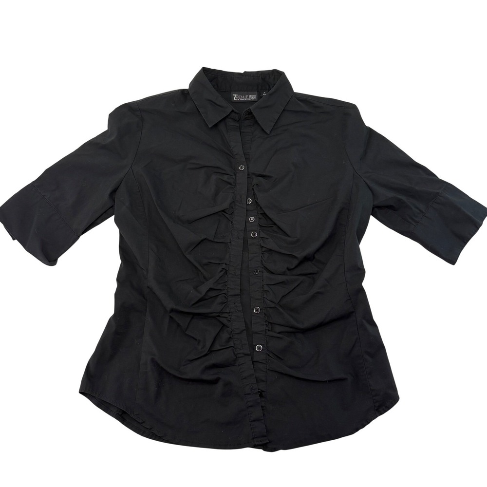New York & Company 7th Avenue Black Ruched Button Down Shirt Elbow Sleeve M